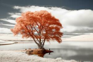 un infrarosso Immagine di un' albero nel il mezzo di un' lago generativo ai foto