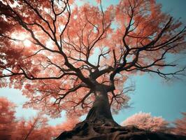 un infrarosso Immagine di un' albero con rosso le foglie generativo ai foto