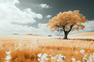 un infrarosso Immagine di un' albero nel un' campo generativo ai foto