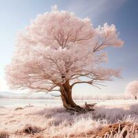 un infrarosso Immagine di un' albero nel il neve generativo ai foto