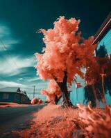 un infrarosso Immagine di un' albero su il lato di il strada generativo ai foto