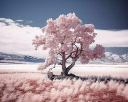 un infrarosso Immagine di un' albero nel un' campo generativo ai foto