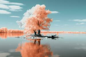 un infrarosso Immagine di un' albero su un isola generativo ai foto