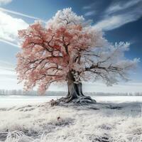 un infrarosso Immagine di un' albero nel il neve generativo ai foto