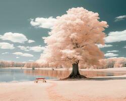 un infrarosso Immagine di un' albero e panchina di un' lago generativo ai foto