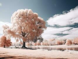 un infrarosso Immagine di un' albero nel il parco generativo ai foto