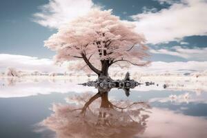 un infrarosso Immagine di un' albero nel il mezzo di un' lago generativo ai foto