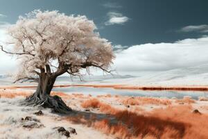 un infrarosso Immagine di un' albero nel il deserto generativo ai foto