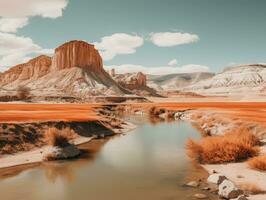 un infrarosso Immagine di un' fiume nel il deserto generativo ai foto