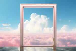 un Aperto porta nel davanti di un' rosa cielo e nuvole generativo ai foto