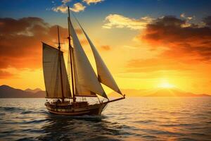 ai generato andare in barca barca su il mare a tramonto. drammatico cielo, yacht crociera a tramonto, ai generato foto