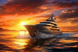ai generato lusso yacht nel il mare a tramonto. 3d rendere illustrazione, yacht crociera a tramonto, ai generato foto