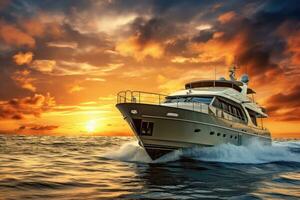 ai generato lusso yacht nel il mare a tramonto. 3d rendere, yacht crociera a tramonto, ai generato foto