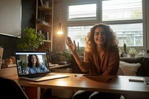 ai generato sorridente donna d'affari agitando a telecamera durante video chiamata con collega nel ufficio, donna Esprimere a gesti e parlando su video chiamata al di sopra di il computer portatile a casa ufficio, ai generato foto