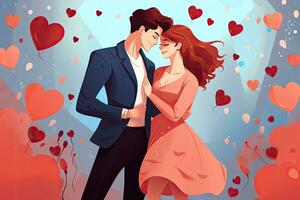 ai generato romantico coppia nel amore su un' sfondo di cuori. vettore illustrazione, giovane coppia nel amore su San Valentino giorno illustrazione, ai generato foto