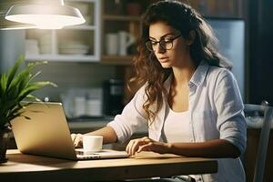 ai generato bellissimo giovane donna d'affari nel occhiali utilizzando il computer portatile mentre Lavorando nel ufficio, giovane donna telelavoro con il computer portatile a casa, ai generato foto