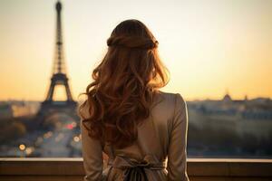 ai generato giovane donna nel Parigi guardare a eiffel Torre a tramonto, ai generato foto