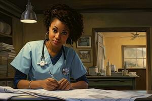 ai generato africano americano medico Lavorando nel sua ufficio. assistenza sanitaria e medico concetto, giovane afroamericano infermiera nel clinica, ai generato foto