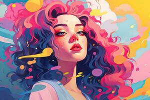 ai generato bellissimo ragazza con Riccio capelli e luminosa trucco. vettore illustrazione, capriccioso post-impressionista illustrazione nel piatto stile con pastello tavolozza e synthwave intrecciare, ai generato foto