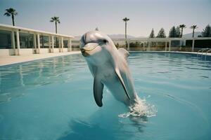 ai generato delfino salto su di il piscina nel lusso Hotel nuoto piscina, bianca delfino nel il piscina, ai generato foto