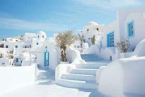 ai generato bianca architettura su santorini isola, Grecia. bellissimo inverno paesaggio, bianca architettura di Oia villaggio su santorini isola, Grecia, ai generato foto