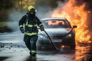 ai generato pompiere nel azione a il scena di un' fuoco combattente missione, un' vigile del fuoco utilizzando acqua e un estintore per combattimento con fuoco fiamme nel un incidente auto su il lungo la strada strada, ai generato foto