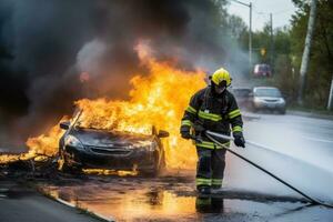 ai generato i vigili del fuoco spegnere un' ardente auto su il strada nel il città, un' vigile del fuoco utilizzando acqua e un estintore per combattimento con fuoco fiamme nel un incidente auto su il lungo la strada strada, ai generato foto