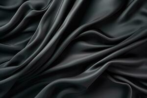 ai generato avvicinamento di increspato nero seta tessuto struttura. 3d rendere illustrazione, astratto sfondo di nero tessuto, ai generato foto