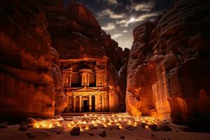 ai generato al khazneh tempio nel petra, Giordania a notte, al khazneh nel petra, Giordania, a notte, ai generato foto