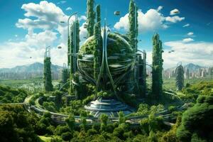 ai generato 3d interpretazione di un' futuristico città con verde alberi nel il primo piano, Avanzate verde energia nel urbano paesaggi, ai generato foto