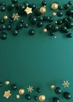 verticale Natale sfondo con spazio per testo, con un' sofisticato Vettore di alzavola e oro palline con d'oro i fiocchi di neve e stelle su un' in profondità alzavola superficie, Perfetto per festivo disegni. 3d. foto