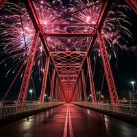 ai generato ai generato nuovo anno celebrazione fuochi d'artificio al di sopra di ponte sotto urbano città. foto