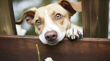 ai generato un' travolgente intravedere di un' cane scrutare attraverso il stecche di un' di legno recinto foto