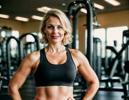 ai generato foto di bellissimo mezzo anziano donna con bionda capelli e sport attrezzatura fare esercizio nel palestra, generativo ai