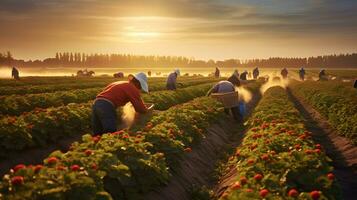 ai generato agricolo lavoratori spruzzatura pesticidi su un' fragola campo nel il mattina foto