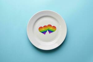 due cuori nei colori della bandiera lgbt nel piatto. incontri romantici della comunità gay. cena senza discriminazioni contro le minoranze sessuali. Preparazione del banchetto di nozze lgbt. foto