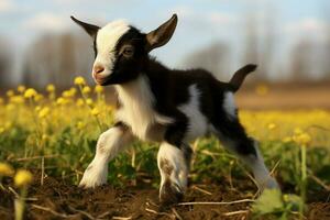 ai generato carino poco bambino capra nel il campo ai generato foto