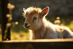 ai generato carino poco bambino capra nel il campo ai generato foto