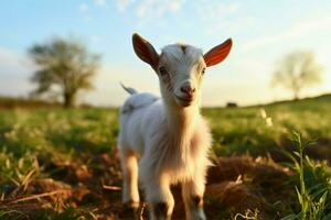 ai generato carino poco bambino capra nel il campo ai generato foto