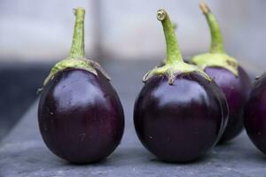 fresco melanzana su un' nero calcestruzzo pavimento. selettivo messa a fuoco, agricolo concetto, coltivato verdure foto