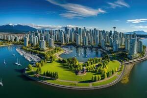 ai generato aereo Visualizza di Vancouver, Britannico Colombia, Canada. vancouver è uno di il maggior parte popoloso città nel il mondo, aereo panorama di centro città a falso torrente, Vancouver, ai generato foto