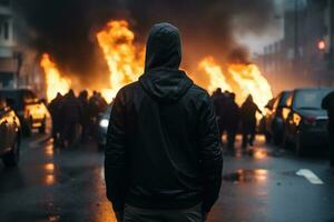 ai generato fuoco nel il città a notte. un' uomo nel un' nero giacca con un' cappuccio su il suo testa, indietro Visualizza di un aggressivo uomo senza un' viso nel un' cappuccio contro il fondale di proteste e ardente macchine foto