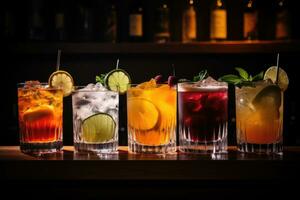 ai generato varietà di alcolizzato cocktail su il bar contatore nel notte club, alcolizzato cocktail impostare, forte bevande, e aperitivi, ai generato foto