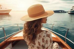 ai generato bellissimo giovane donna nel cappello e vestito su un' yacht a tramonto, un' bellissimo turista donna, visto a partire dal il parte posteriore, con un' sole cappello, si siede su un' yacht e sembra a il mare, ai generato foto