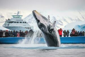 ai generato balena Guardando a il antartico penisola, Antartide. balena Guardando, un' gobba balena prende un' tuffo mentre turisti catturare il evento - Antartide, ai generato foto