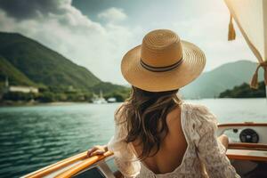 ai generato bellissimo ragazza nel un' cappello su un' yacht nel il raggi di il ambientazione sole, un' bellissimo turista donna, visto a partire dal il parte posteriore, con un' sole cappello, si siede su un' yacht e sembra a il mare, ai generato foto