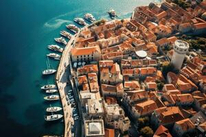 ai generato aereo Visualizza di il vecchio cittadina di dubrovnik, Croazia, aereo Visualizza di il vecchio cittadina, vacanza e avventura, cittadina e mare, ai generato foto