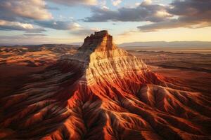 ai generato bellissimo tramonto nel il deserto di Utah, unito stati di America, aereo Visualizza di un' arenaria butte nel il Utah deserto valle a tramonto, Campidoglio scogliera nazionale parco, Hanksville, unito foto