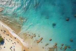 ai generato aereo Visualizza di bellissimo spiaggia e mare, estate vacanza concetto, aereo Visualizza di un' sabbioso spiaggia con turisti nuoto nel bellissimo chiaro acqua di mare, ai generato foto