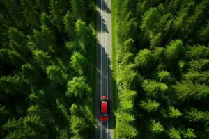 ai generato aereo Visualizza di rosso auto su il strada nel il verde foresta, aereo Visualizza di un' rosso auto con un' tetto cremagliera su un' verde estate foresta nazione strada nel Finlandia, ai generato foto